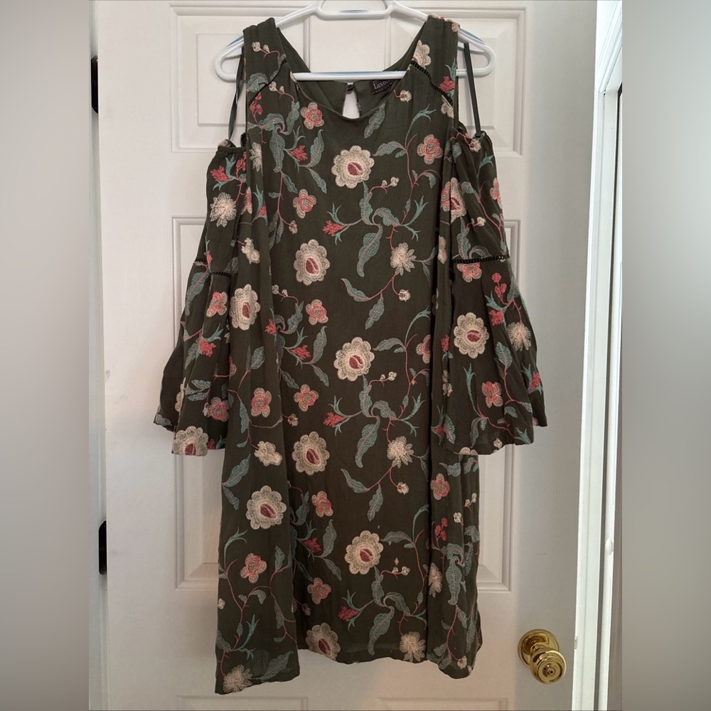 Luxology Women Floral Embroider Bell Sleeve Summer Mini Dress Earthy Green Sz 14